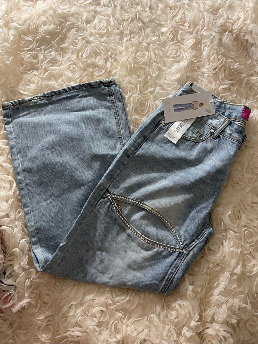 Telepatia Rhinestone Embellished Cutout Wide Leg Jeans Size 11/30